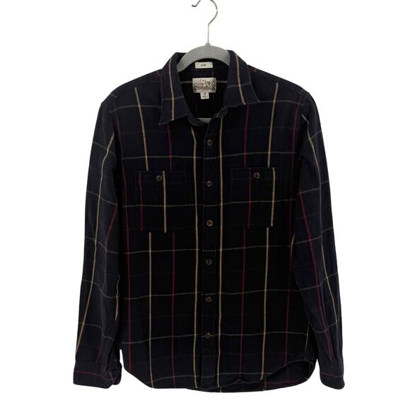 J Crew Mens Mid Weight Flannel Shirt Size Medium Navy Blue Red Plaid Button Up - Picture 1 of 5